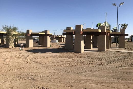 The construction of a bridge at the Yuma-Casa Grande Highway (I-8) Mohawk Rest Area in the desert.